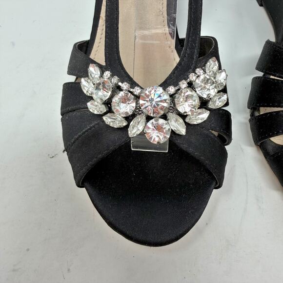 Nina Viani Evening Wedge Sandals Womens size 7 M Black Luster Satin + Rhinestone - Picture 10 of 16
